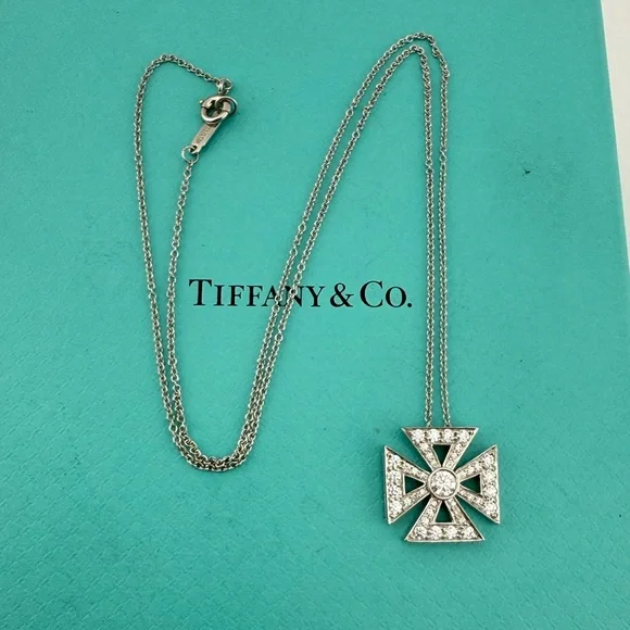 Tiffany & Co. Diamond Maltese Cross Pendant Necklace in Platinum 16”